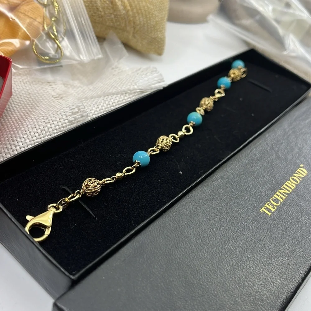 💙 Technibond 18kt Gold & Sterling Silver Turquoise Bracelet - Picture 5 of 13